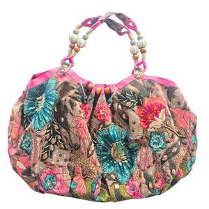 Accessorize Large Canvas Floral Embellished Bag Colorful Beaded Boho Beach